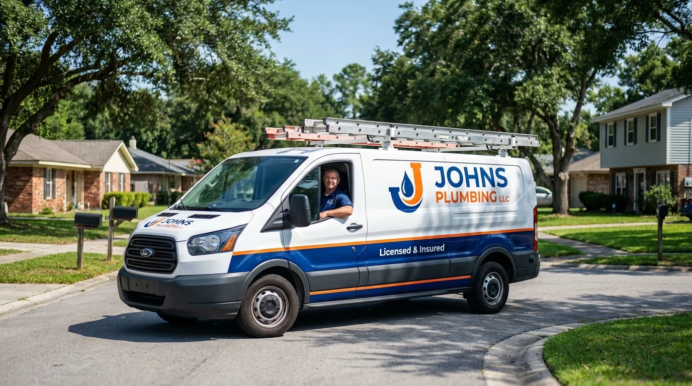 Johns Plumbing LLC service van in Plymouth, CT