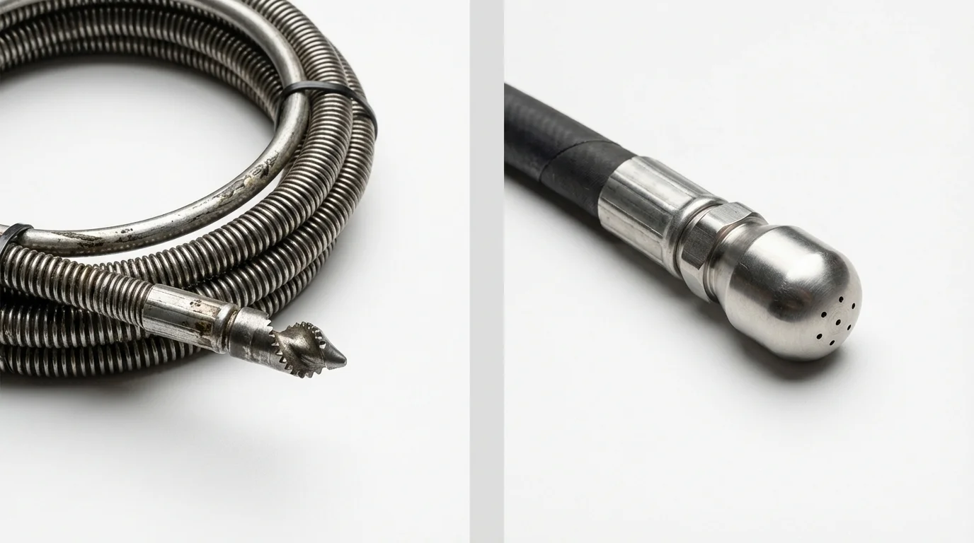 Drain snake cable and hydro jetting nozzle used for drain cleaning in Plymouth, CT
