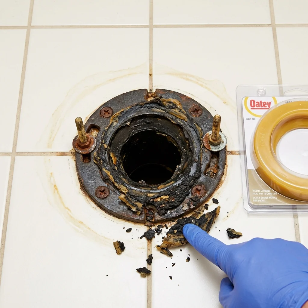 Failed wax ring showing water seepage at the base of a toilet in a Plymouth, CT home