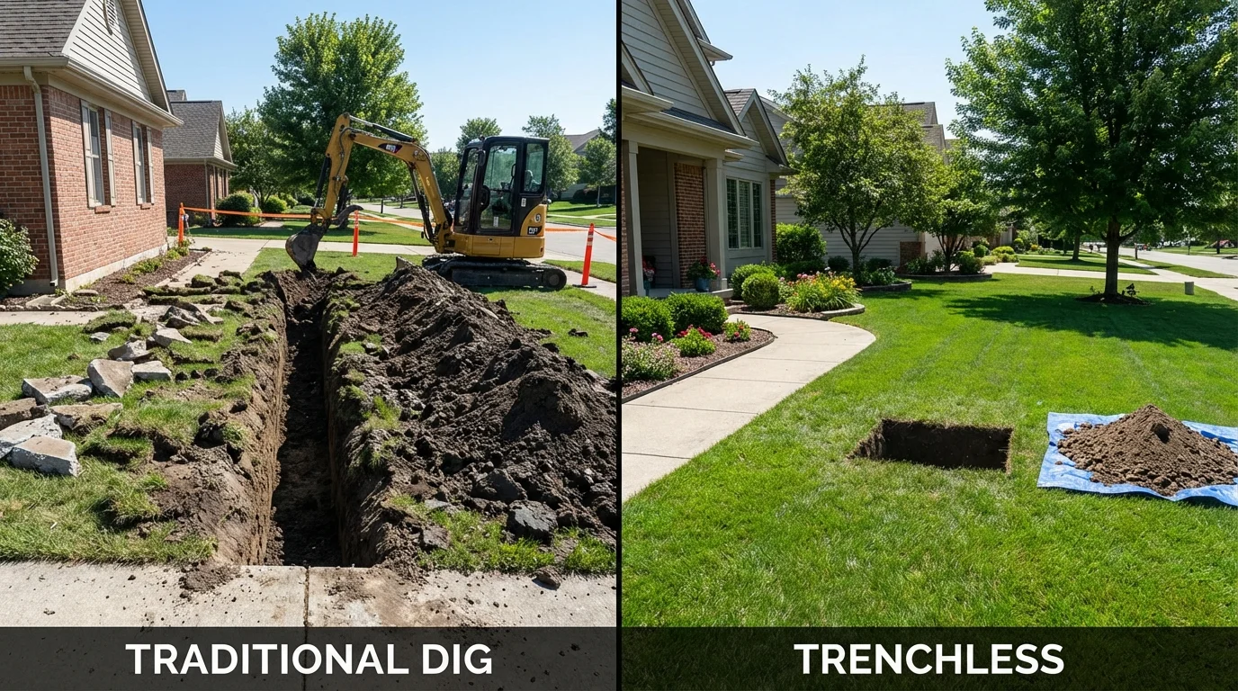 Trenchless sewer repair with minimal yard damage versus traditional excavation in Plymouth, CT