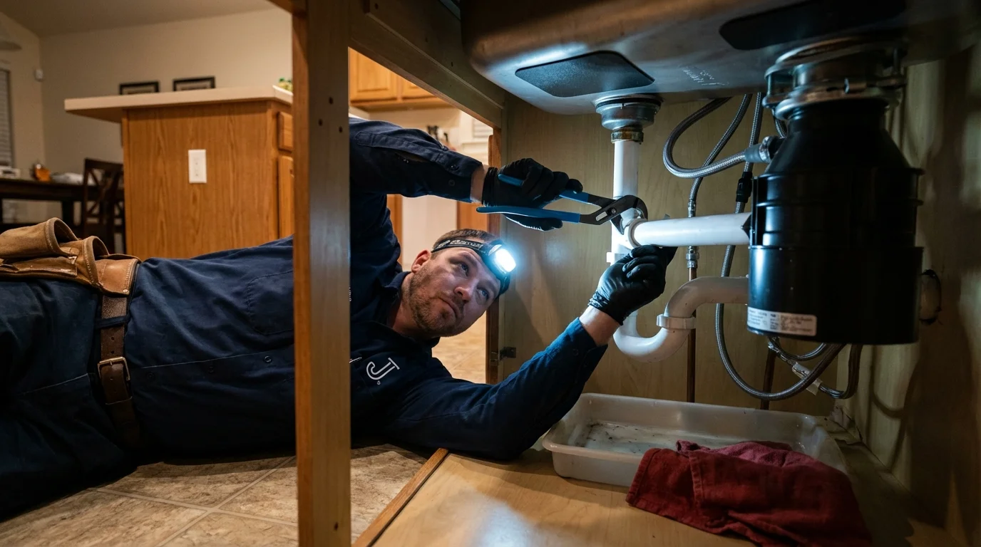 P-trap and supply line connections under a kitchen sink showing a common leak point in Plymouth, CT